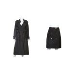 Burberry Double Breasted Black Nylon Trench and Skirt