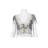 Christian Dior Lace and Knit Ensemble, silver lamé knit cropped cardigan, button detail, 8"/20cm