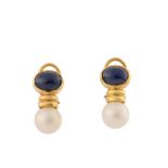 A pair of sapphire and cultured pearl earclips
