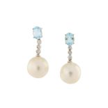 A pair of cultured pearl, aquamarine and diamond pendent earrings