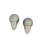 A pair of cultured pearl and diamond earclips