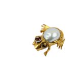 A cultured pearl, banded agate and diamond-set novelty frog brooch