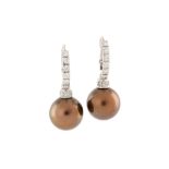 A pair of cultured pearl and diamond earrings