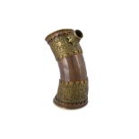 A YAK HORN-SHAPED COPPER AND BRASS HUQQA BASE
