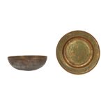 A QAJAR COPPER DISH AND A SMALL TINNED COPPER BOWL