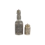 A RETICULATED SILVER BOTTLE AND SMALL JAR