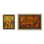 *TWO QAJAR LACQUERED PAPIER-MÂCHÉ PANELS WITH BANQUET SCENES