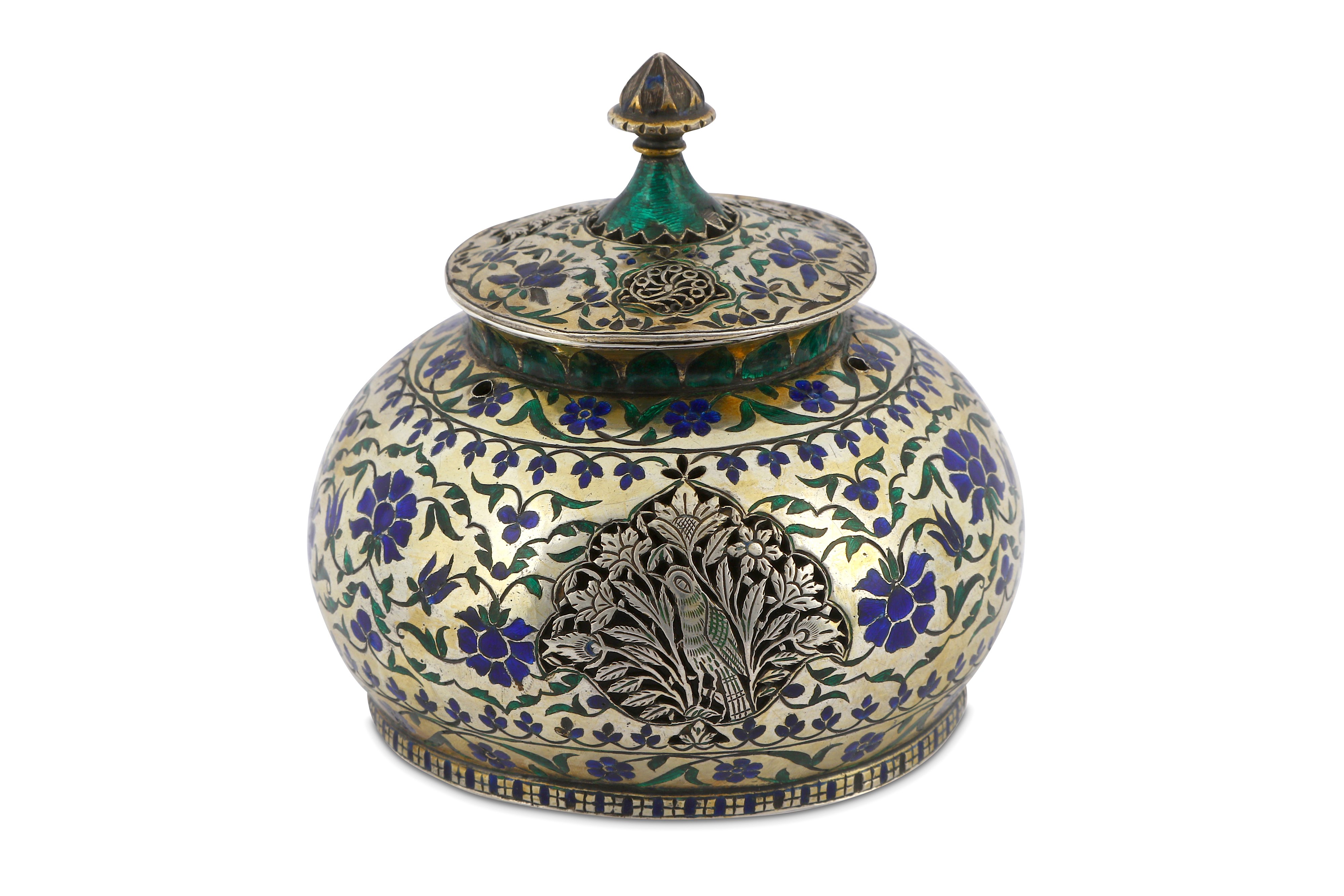 AN ENAMELLED PARCEL-GILT SILVER LIDDED HUQQA PIECE