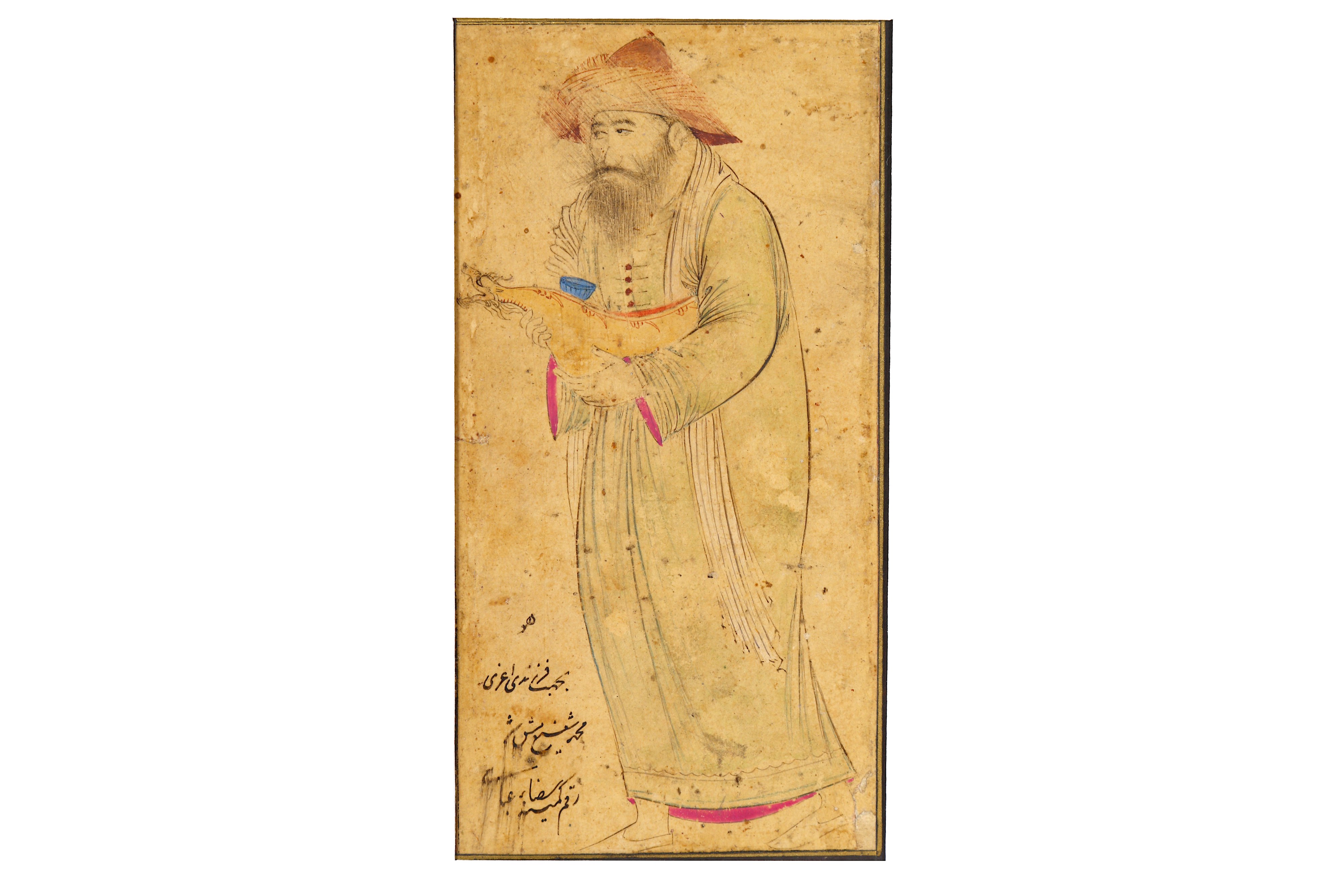 *A DERVISH HOLDING A KASHKUL AND CUP