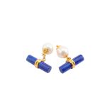 A pair of cultured pearl and lapis lazuli cufflinks