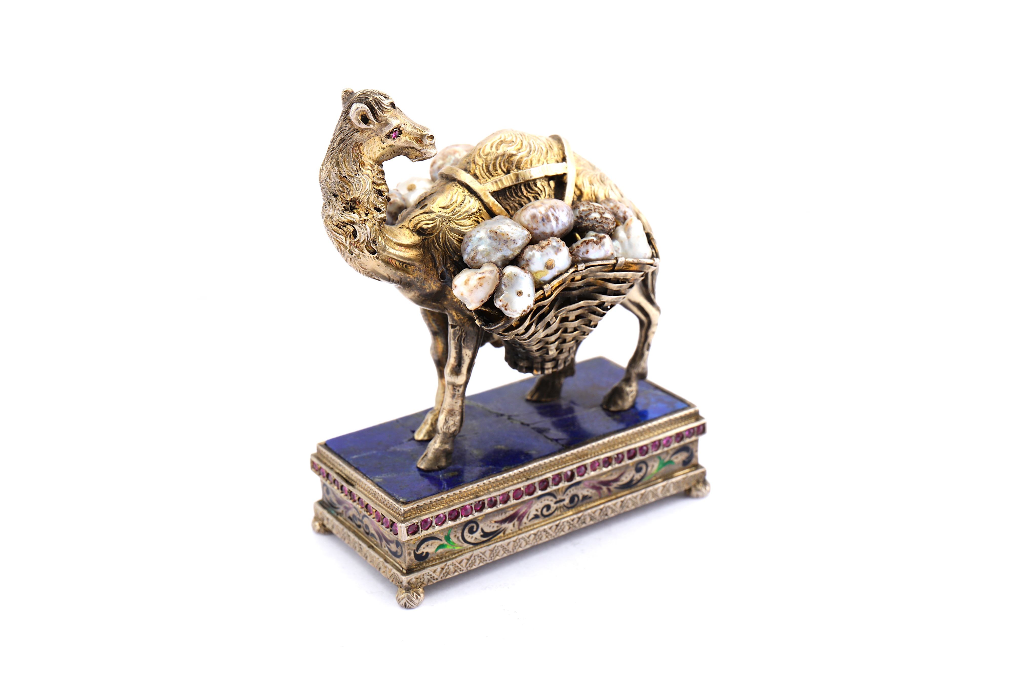 An early 20th century continental silver gilt, enamel, lapis lazuli and baroque pearl model of a cam - Image 3 of 6