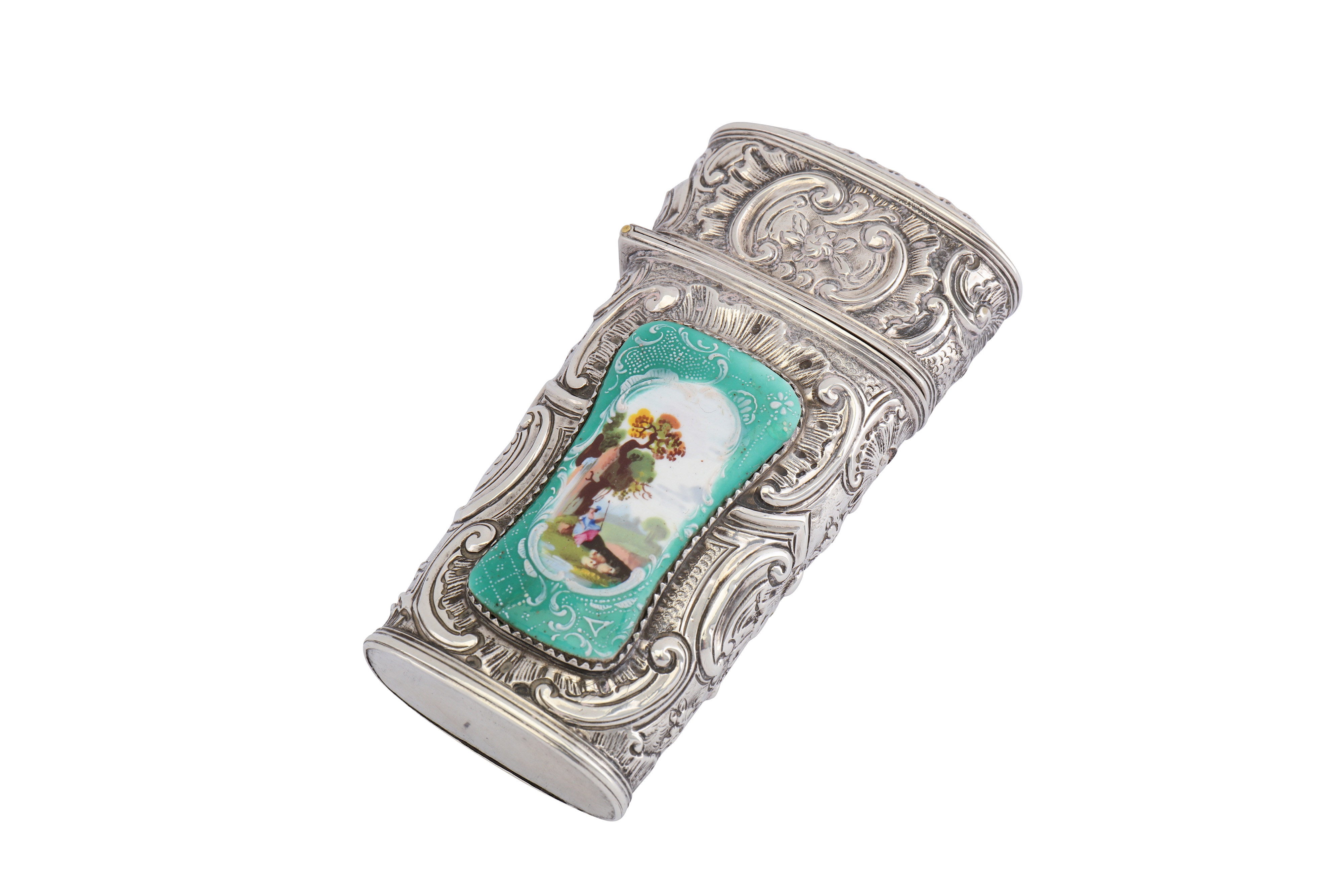 A mid-18th century English unmarked silver and enamel etui, circa 1760