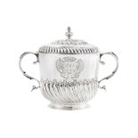 A large William III sterling silver twin handled porringer and cover, London 1695 by William Keate (