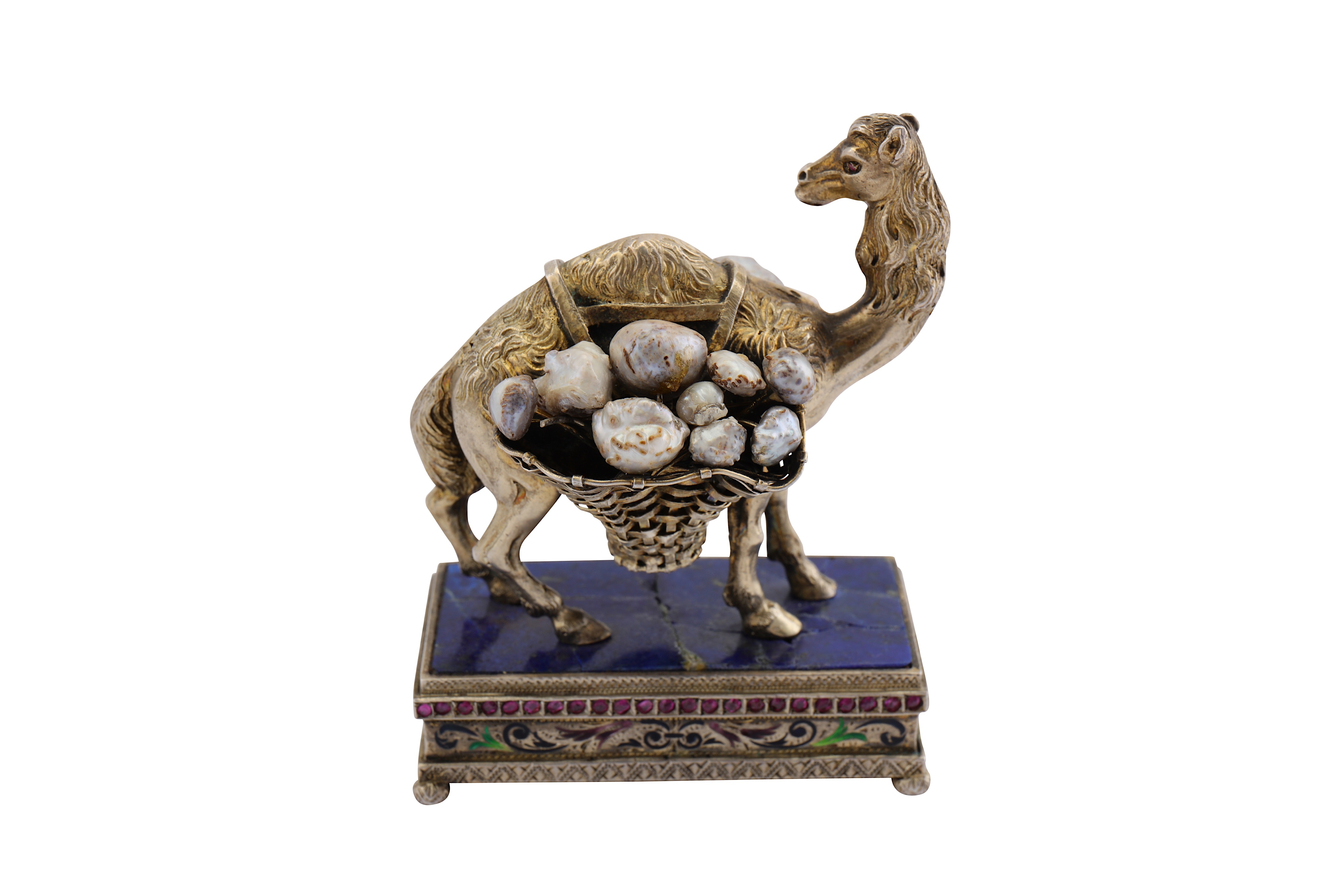 An early 20th century continental silver gilt, enamel, lapis lazuli and baroque pearl model of a cam - Image 5 of 6