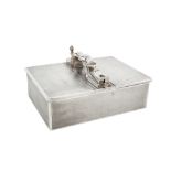 A George V sterling silver double cigar / cigarillo box with lighter, London 1927 by Goldsmiths & Si