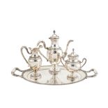 A mid-20th century Italian 800 standard silver three-piece coffee set on twin handled tray, Padova c