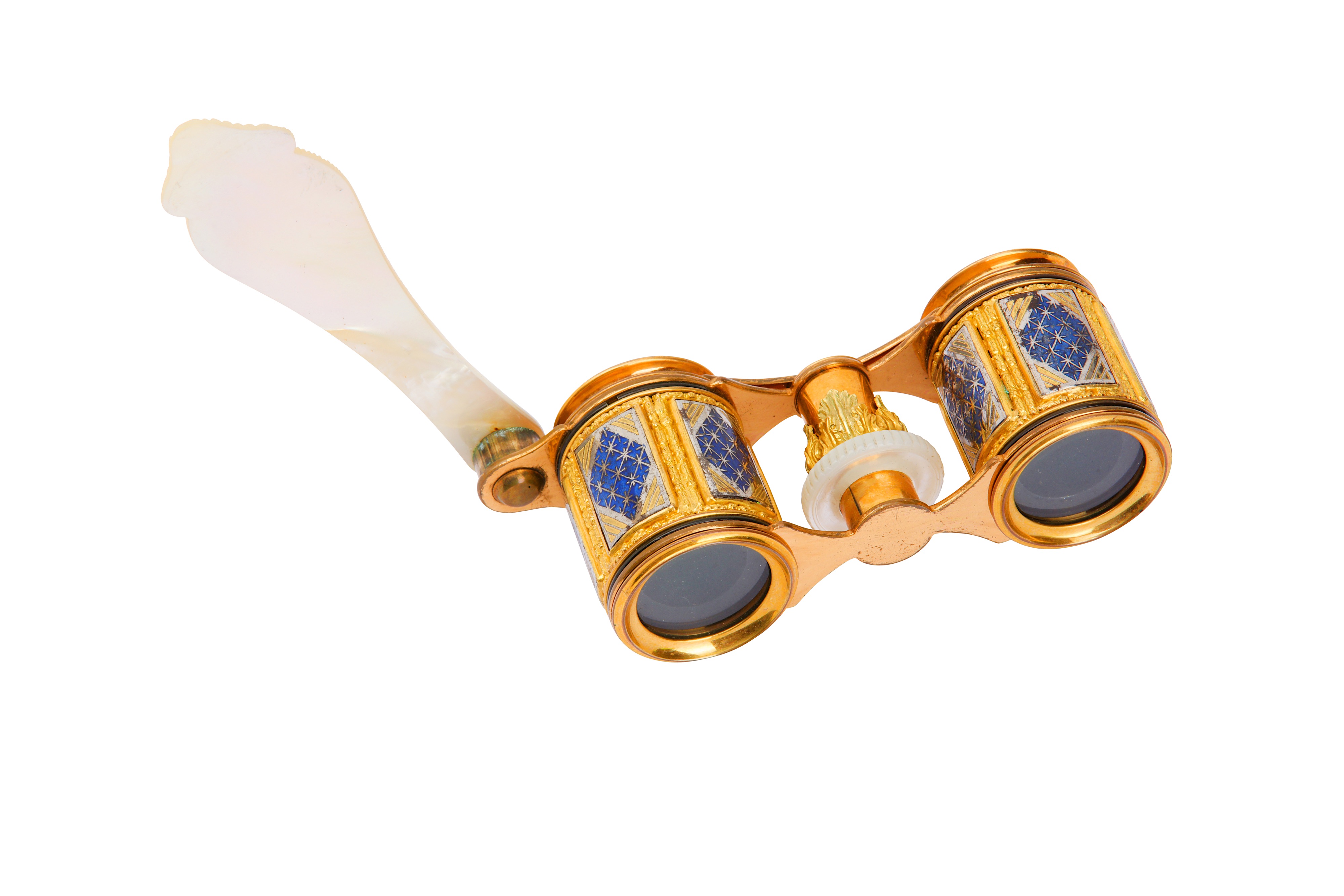 A cased pair of early 19th century gilt metal, mother of pearl and enamel opera glasses, circa 1830