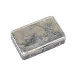 A Nicholas I Russian 84 Zolotnik (875 standard) parcel-gilt silver and niello snuff box, Moscow 1835