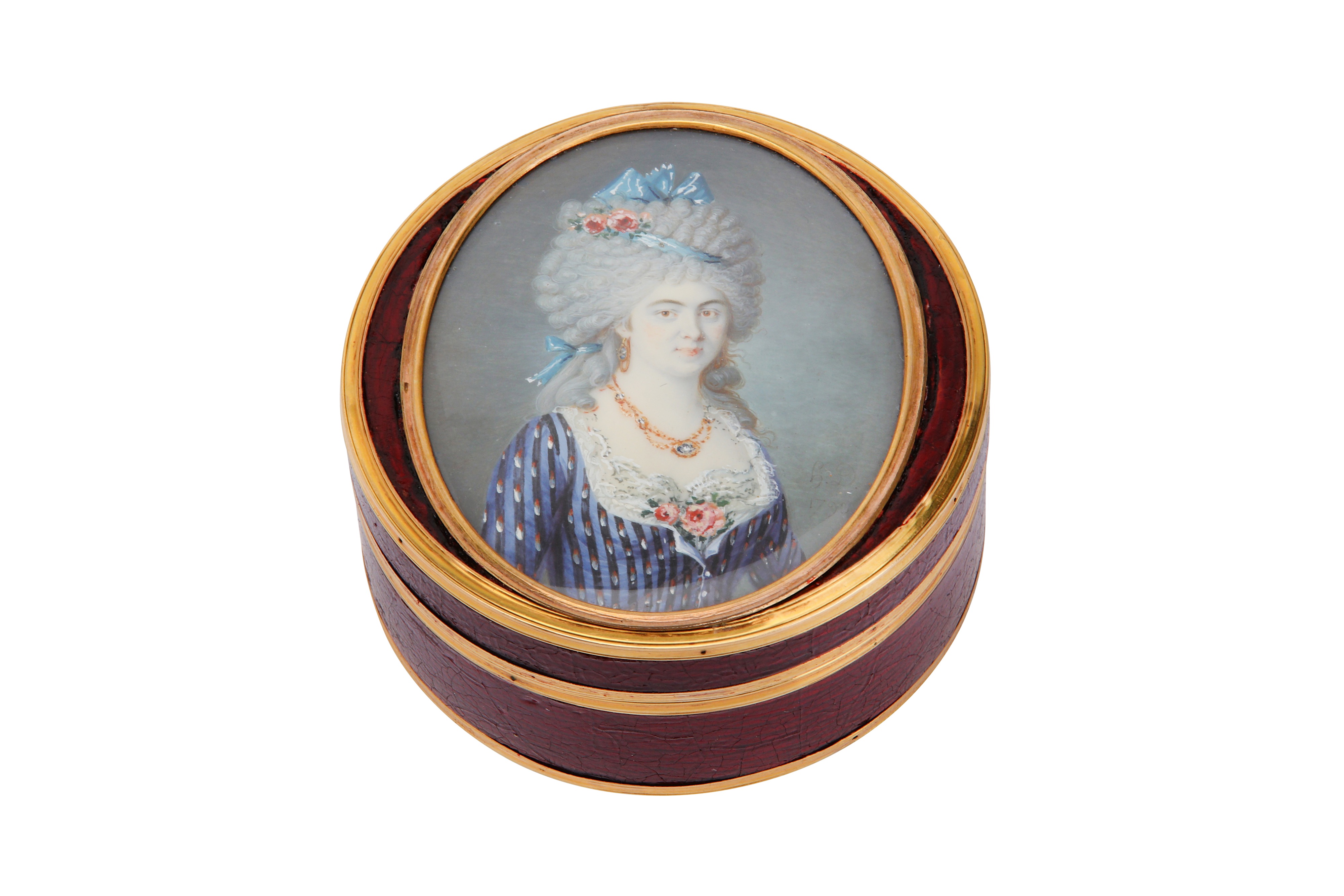 An unusual late 18th century French or Swiss gold mounted lacquer snuff box, circa 1793