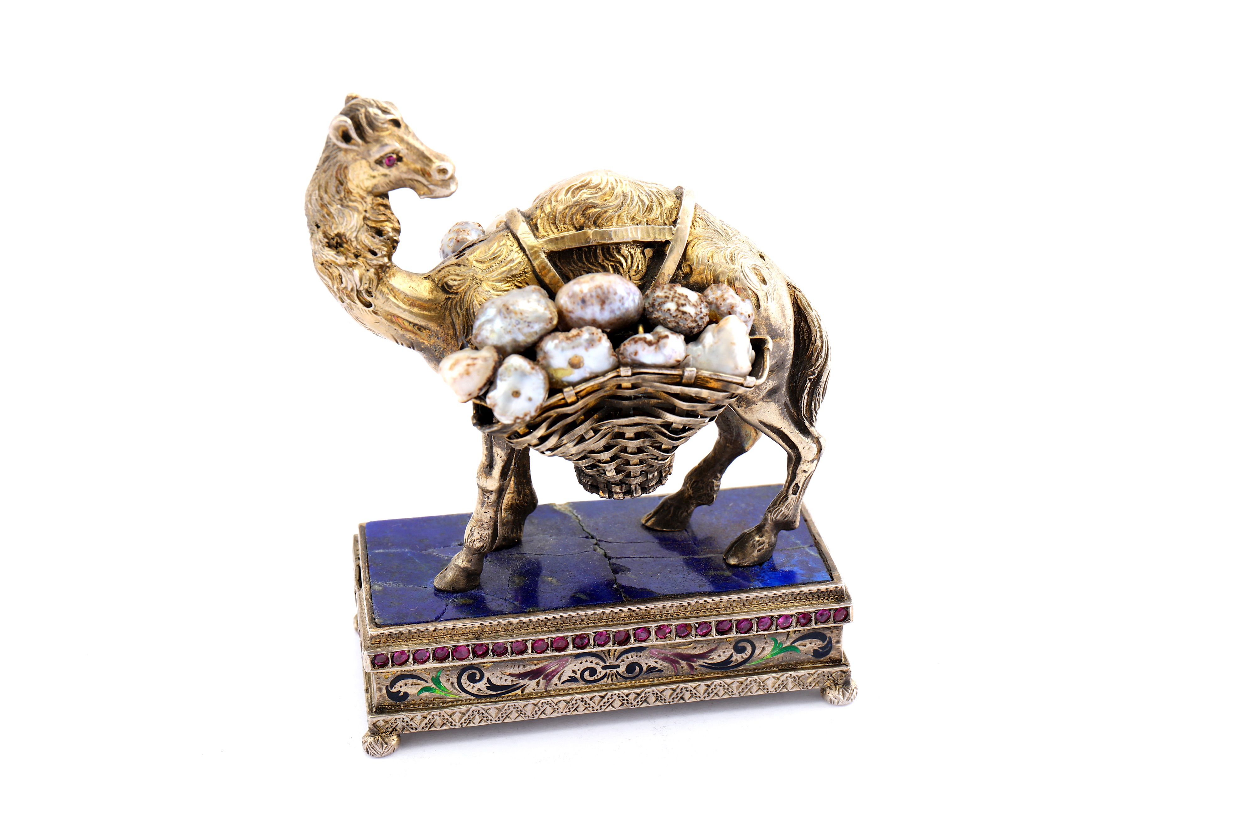 An early 20th century continental silver gilt, enamel, lapis lazuli and baroque pearl model of a cam - Image 2 of 6