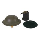 A WW2 style Brodie helmet, and other items