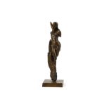 Small contemporary bronze figure of a scantily clad maiden leaning against a rock