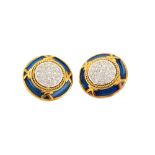 A pair of blue enamel and diamond button earrings