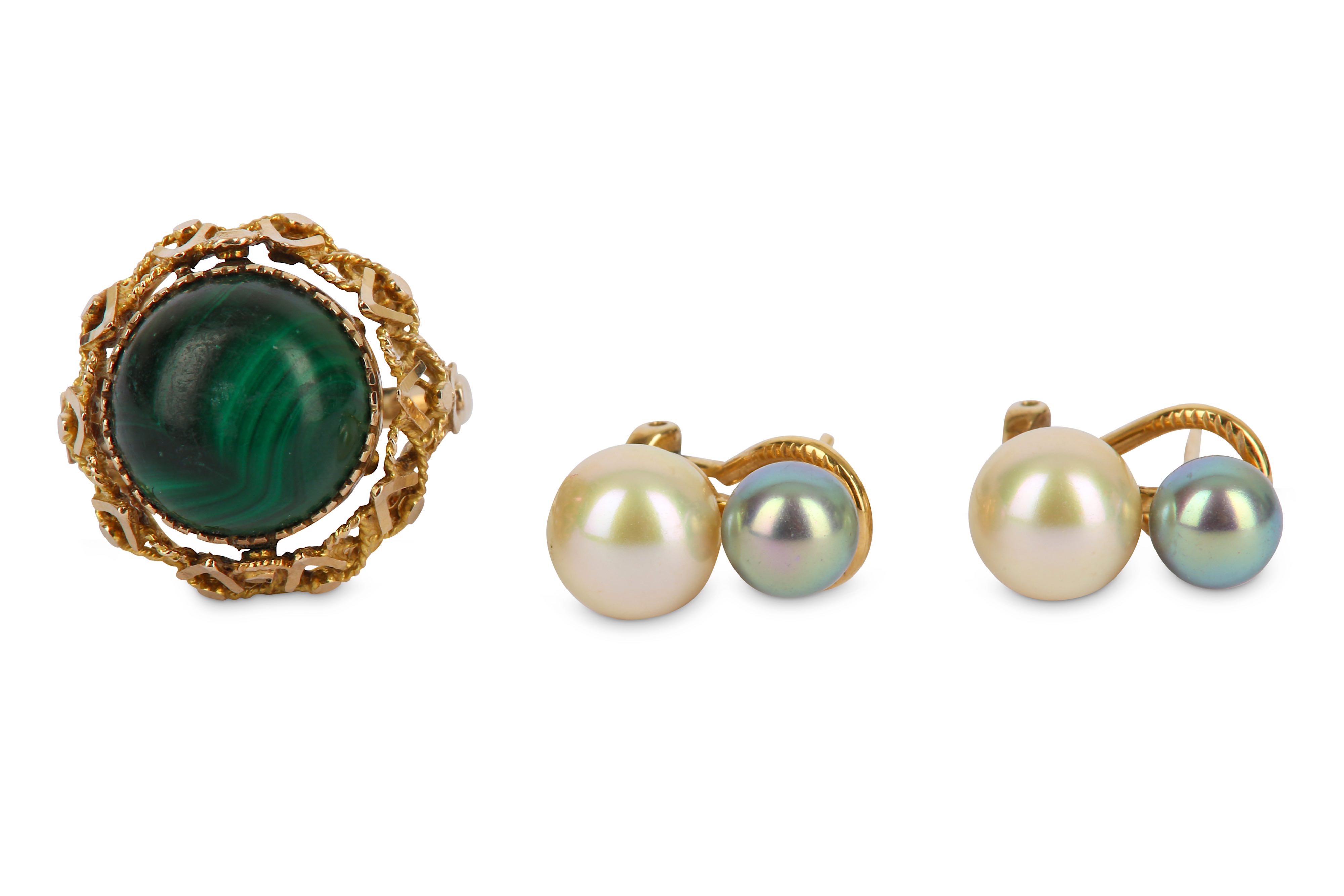 A reversible malachite and seed pearl dress ring and a pair of cultured pearl earrings