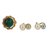 A reversible malachite and seed pearl dress ring and a pair of cultured pearl earrings
