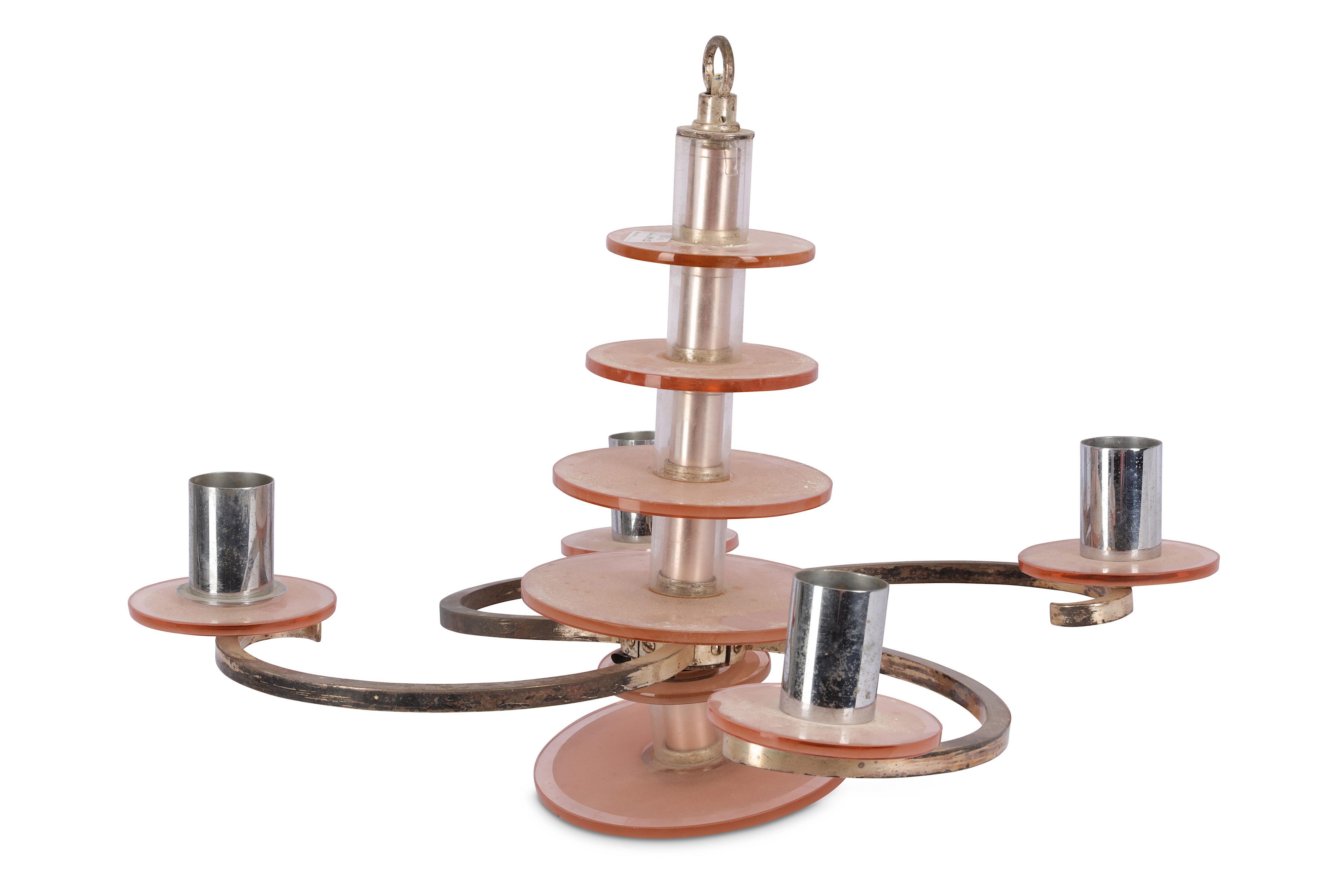 An Art Deco pendant pink glass light fitting or chandelier,