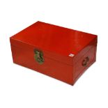 Three Chinese red lacquered vellum trunks