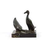 An Art Deco spelter model of two ducks, signed M Font