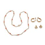 A coral necklace and two pairs of earrings