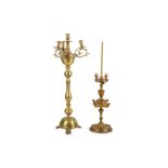 A 19th Century ecclesiastical brass three arm candelabrum