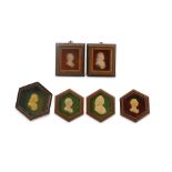 A collection of six 19th Century wax relief portrait miniatures in profile