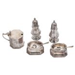 A George V / Edward VIII sterling and Britannia standard silver seven piece cruet, all by Lionel Alf