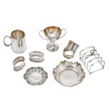 A mixed group of sterling silver, including a small trophy cup, Birmingham 1930 by Deakin & Francis