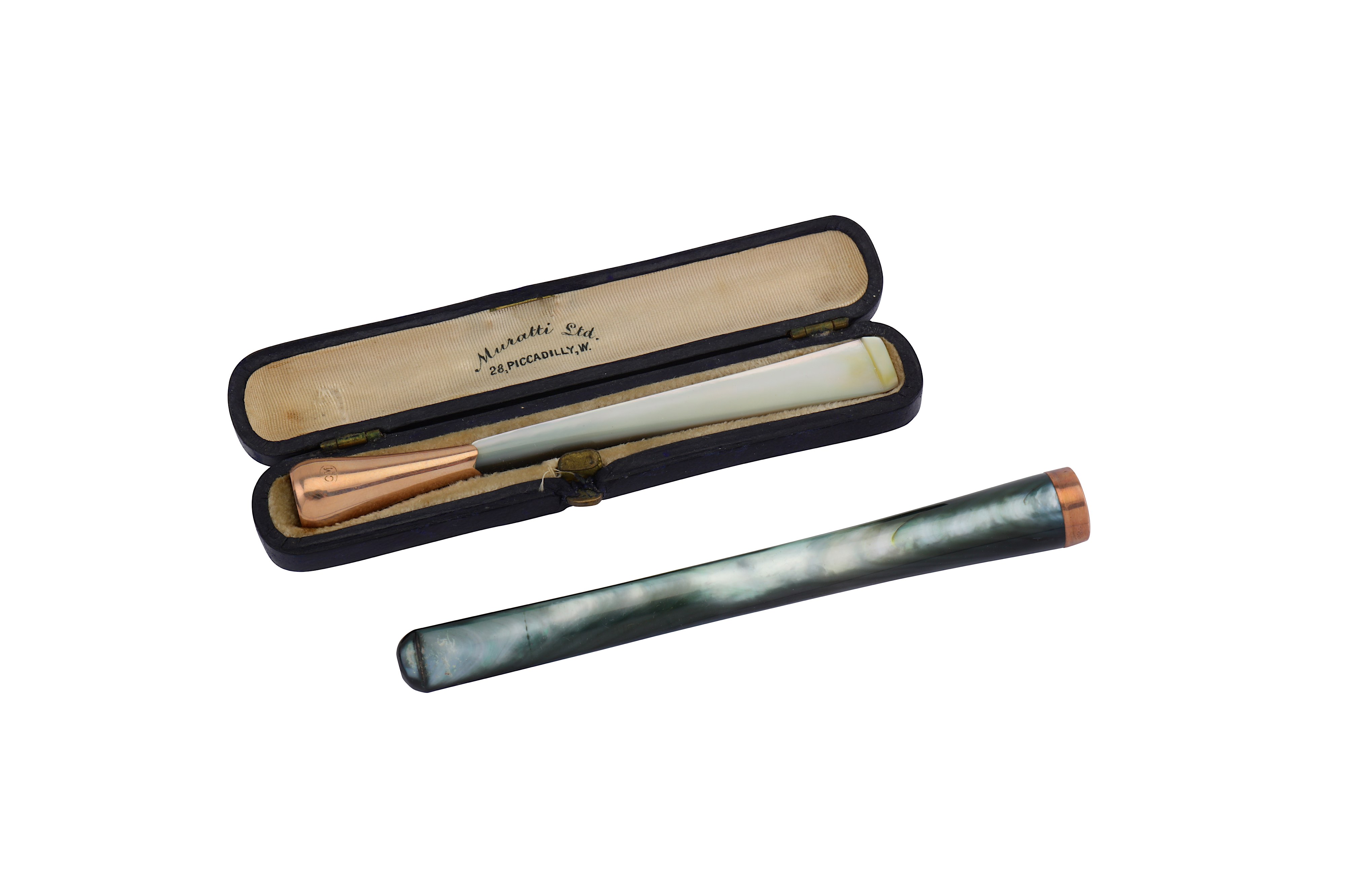 Two cased George V 9 carat gold mounted abalone shell cigarette holders, one Chester 1915 by Charles - Image 2 of 3