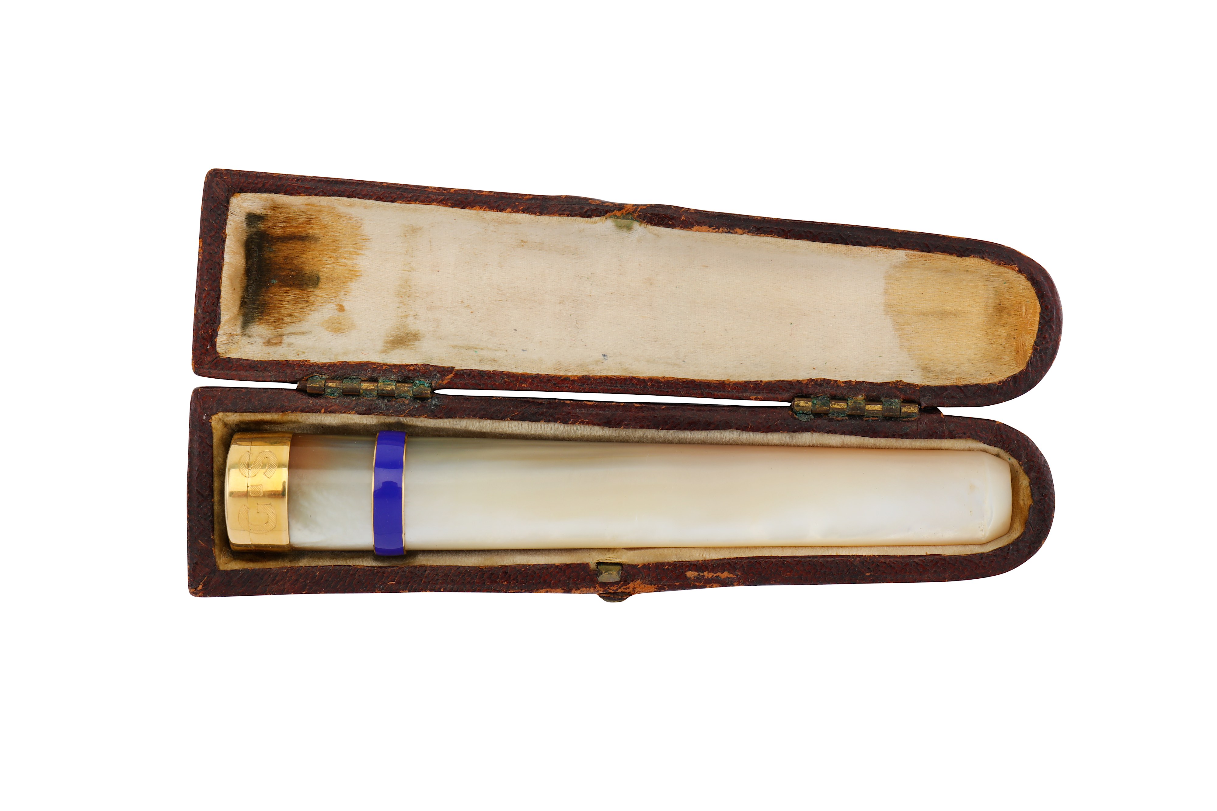 A cased George VI 18 carat gold and enamel mounted mother of pearl cheroot / cigarette holder, Birmi - Image 2 of 3