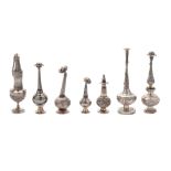 A mixed group of early to mid -20th century Indian unmarked white metal rose water sprinklers