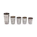 A mixed group of Nicholas II / Soviet Russian 84 zolotnik (875 standard) silver vodka beakers