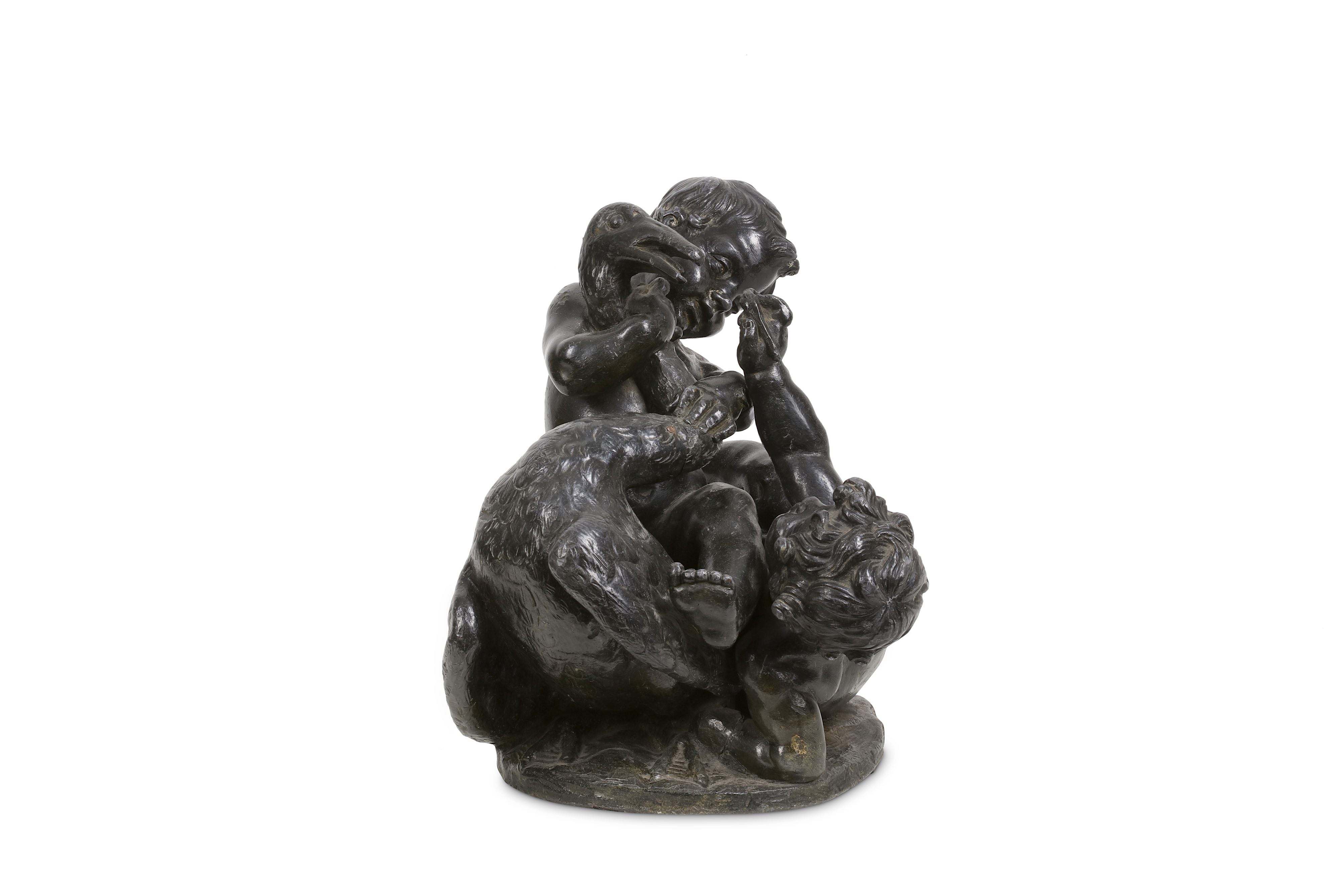 AN 18TH CENTURY FRENCH LEAD MODEL OF TWO PUTTI PLAYING WITH A GOOSE