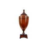 A 19TH CENTURY GEORGE III STYLE MAHOGANY AND SATINWOOD KNIFE BOX MODELLED AS AN URN