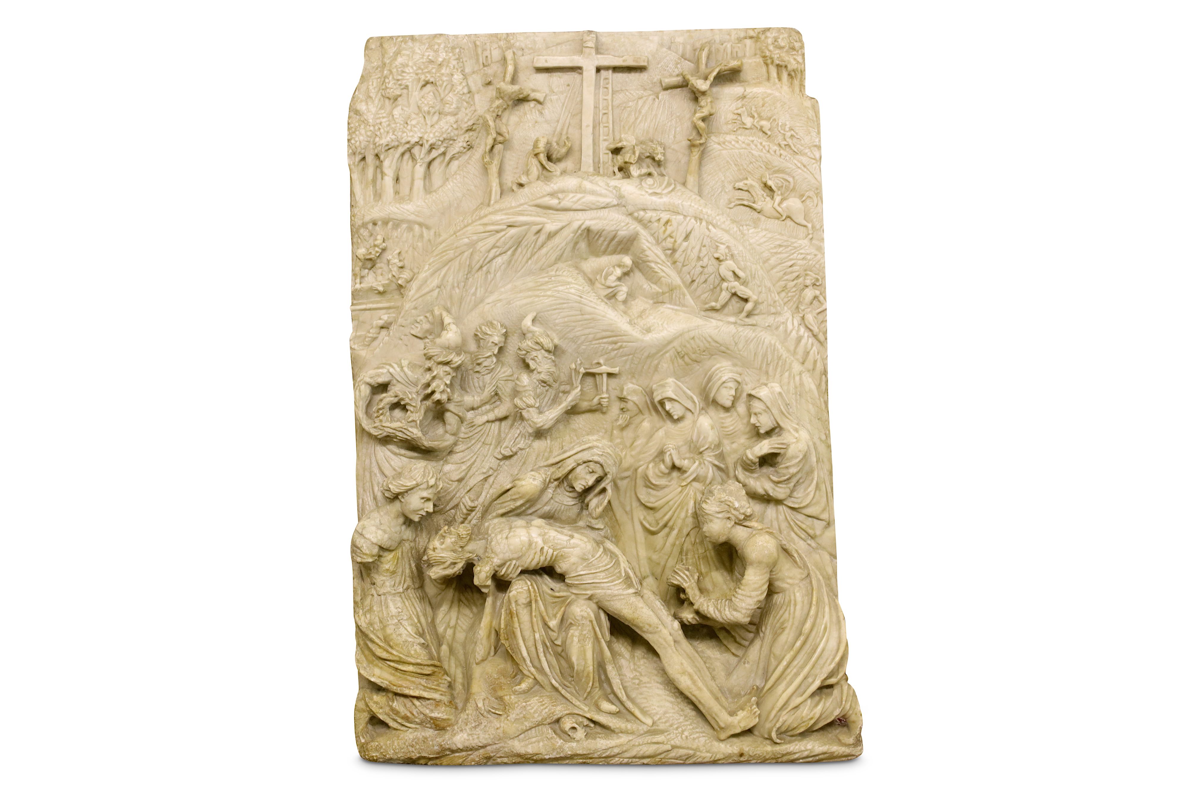 A RARE AND IMPORTANT FIRST HALF OF THE 16TH CENTURY GERMAN ALABASTER RELIEF DEPICTING THE PIETA