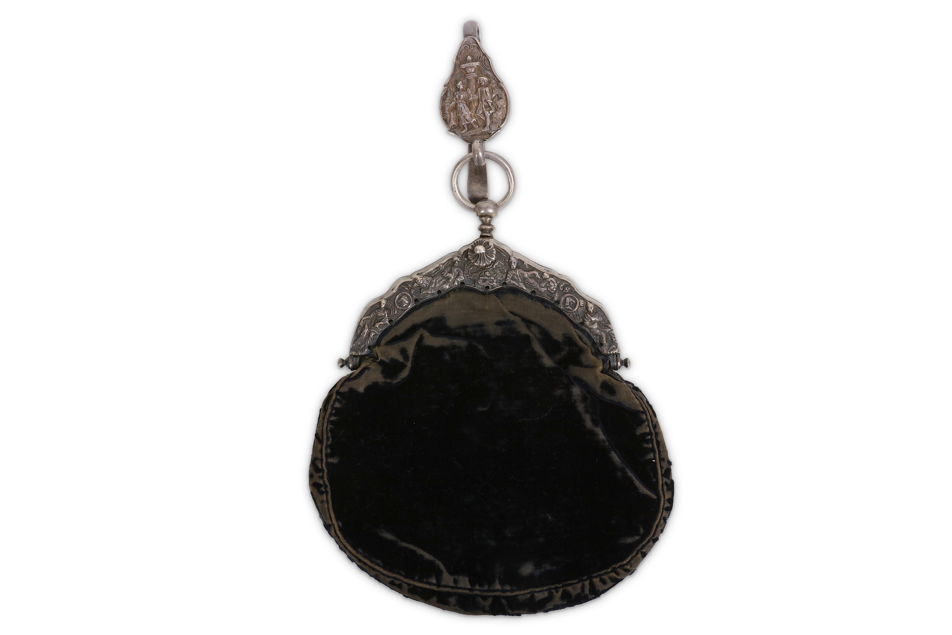 A 19TH CENTURY DUTCH SILVER MOUNTED VELVET BAG