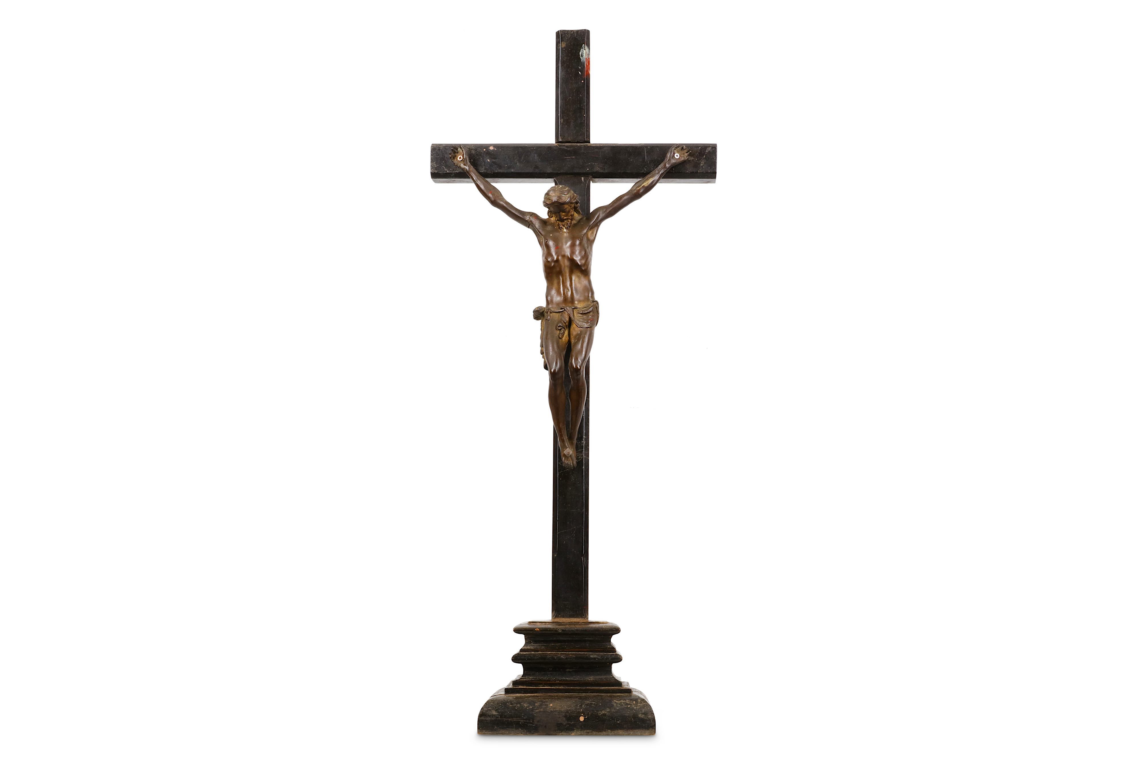 A 19TH CENTURY BRONZE CORPUS CHRISTI ON EBONISED CRUCIFIX