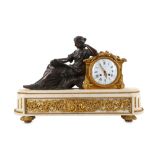 A FINE MID 19TH CENTURY FRENCH BRONZE AND MARBLE FIGURAL MANTEL CLOCK BY DENIERE, PARIS