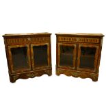 A FINE PAIR OF MATCHED FRENCH TRANSITIONAL STYLE KINGWOOD, ROSEWOOD AND PARQUETRY CABINETS, ONE LATE