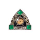 AN ART DECO PERIOD MARQUISITE, LACQUERED BRASS AND GLASS STRUT CLOCK