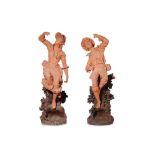 RENE CHARLES MASSE (FRENCH, 1855-1913): A LARGE PAIR OF TERRACOTTA FIGURAL STICKSTANDS MODELLED AS P